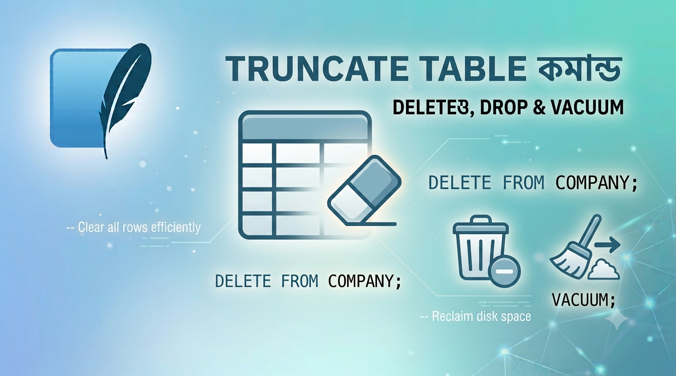 SQLite-তে TRUNCATE TABLE না থাকায় DELETE, DROP, VACUUM ব্যবহার করে টেবিল খালি করার বাংলা টিউটোরিয়াল