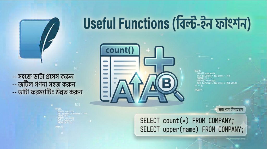 SQLite-র দরকারি বিল্ট-ইন ফাংশন COUNT, MAX, MIN, AVG, SUM, RANDOM, ABS, UPPER, LOWER, LENGTH বাংলা টিউটোরিয়াল