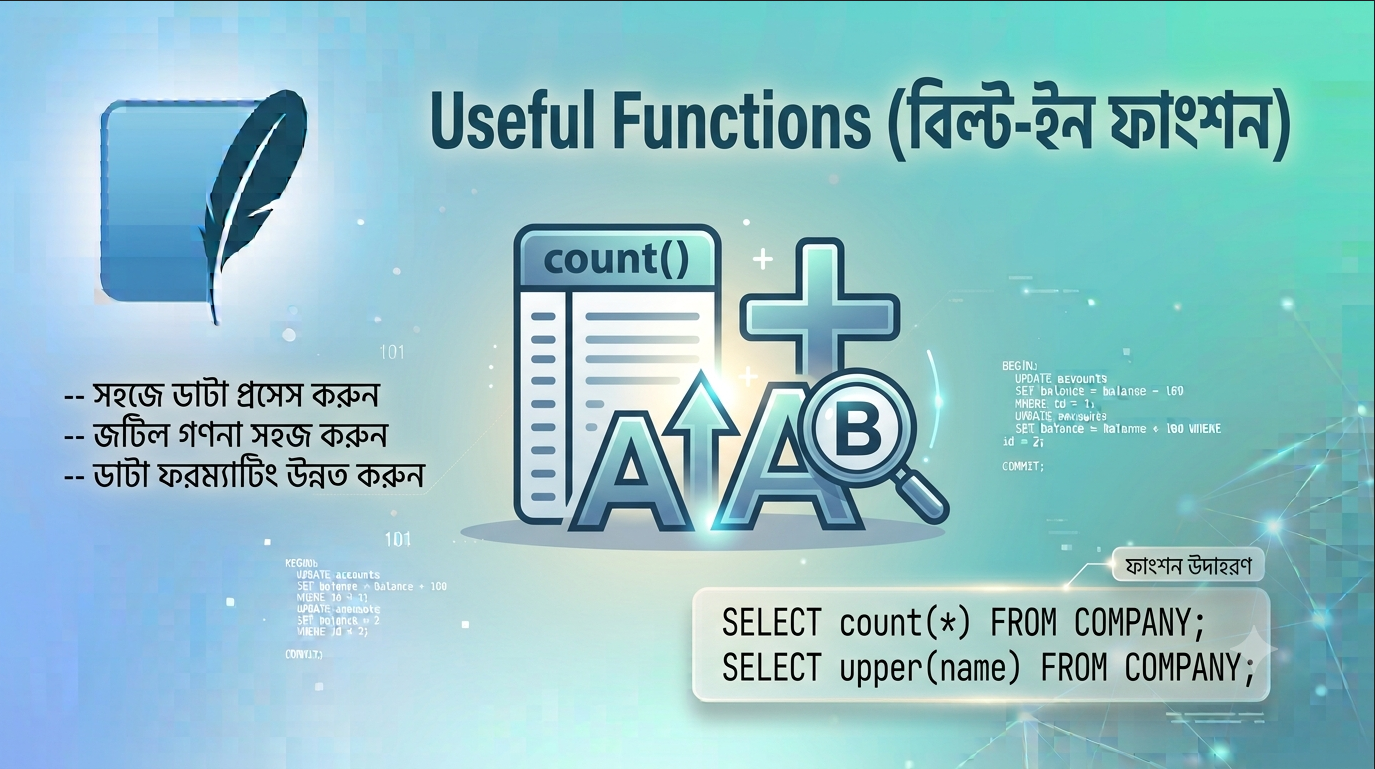 SQLite-র দরকারি বিল্ট-ইন ফাংশন COUNT, MAX, MIN, AVG, SUM, RANDOM, ABS, UPPER, LOWER, LENGTH বাংলা টিউটোরিয়াল