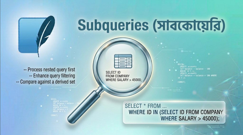 SQLite সাবকোয়েরি – SELECT, INSERT, UPDATE, DELETE-তে nested query ব্যবহার বাংলা টিউটোরিয়াল
