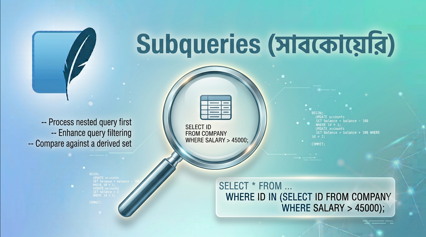 SQLite সাবকোয়েরি – SELECT, INSERT, UPDATE, DELETE-তে nested query ব্যবহার বাংলা টিউটোরিয়াল