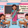 Kids learning Use of Relative Pronoun Who with 100+ examples in English grammar with Bangla meanings and pronunciation in a colorful classroom illustration.