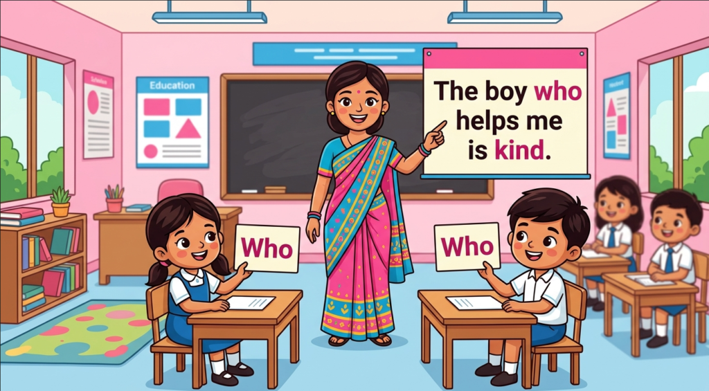 Kids learning Use of Relative Pronoun Who with 100+ examples in English grammar with Bangla meanings and pronunciation in a colorful classroom illustration.