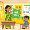 Kids learning Short Answering in Daily Life with 100+ examples in English grammar with Bangla meanings and pronunciation in a colorful classroom illustration.