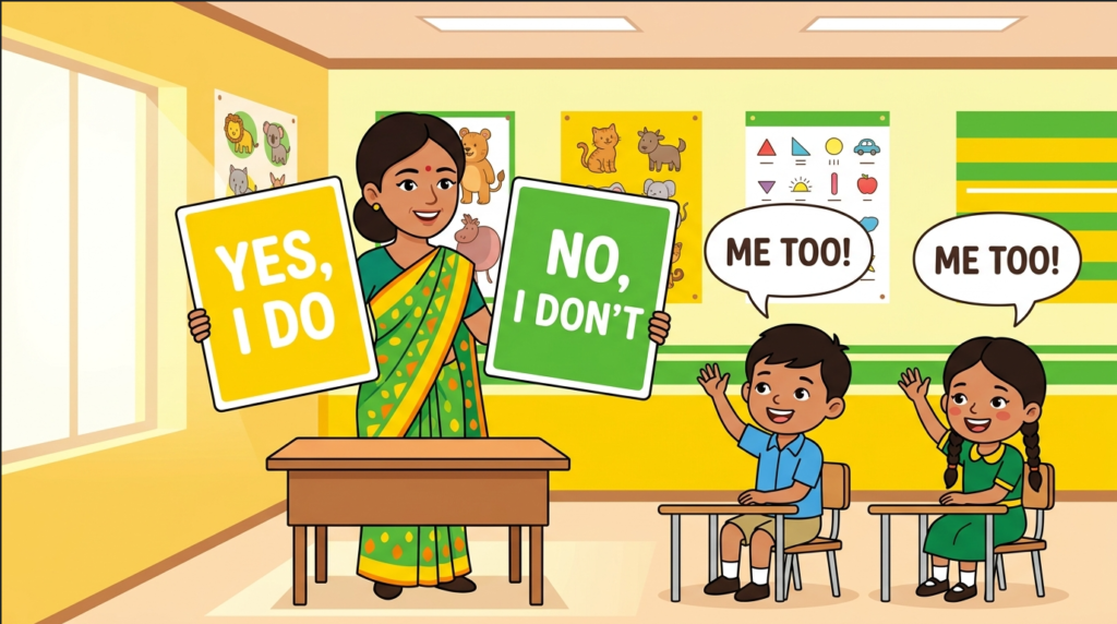 Kids learning Short Answering in Daily Life with 100+ examples in English grammar with Bangla meanings and pronunciation in a colorful classroom illustration.