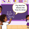 Kids learning Noun Phrase1 + Show + Noun Phrase2 + How to + Verb with 100+ examples in English grammar with Bangla meanings and pronunciation in a colorful classroom illustration.