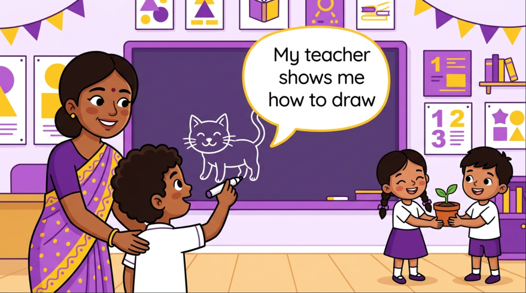 Kids learning Noun Phrase1 + Show + Noun Phrase2 + How to + Verb with 100+ examples in English grammar with Bangla meanings and pronunciation in a colorful classroom illustration.
