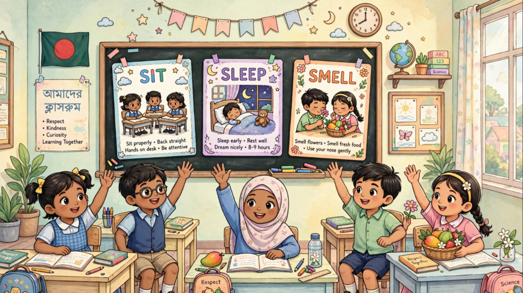 Sit Sleep Smell English class for kids Bangladesh