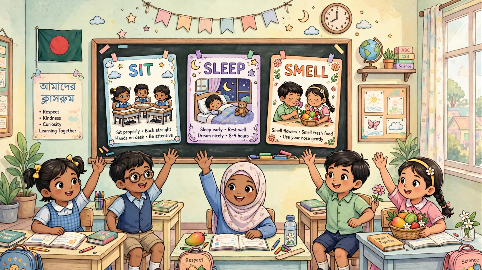 Sit Sleep Smell English class for kids Bangladesh