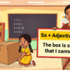 Kids learning So + Adjective + That with 100+ examples in English grammar with Bangla meanings and pronunciation in a colorful classroom illustration.
