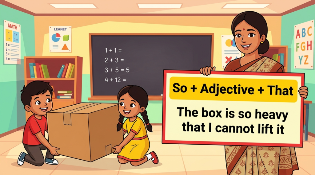 Kids learning So + Adjective + That with 100+ examples in English grammar with Bangla meanings and pronunciation in a colorful classroom illustration.