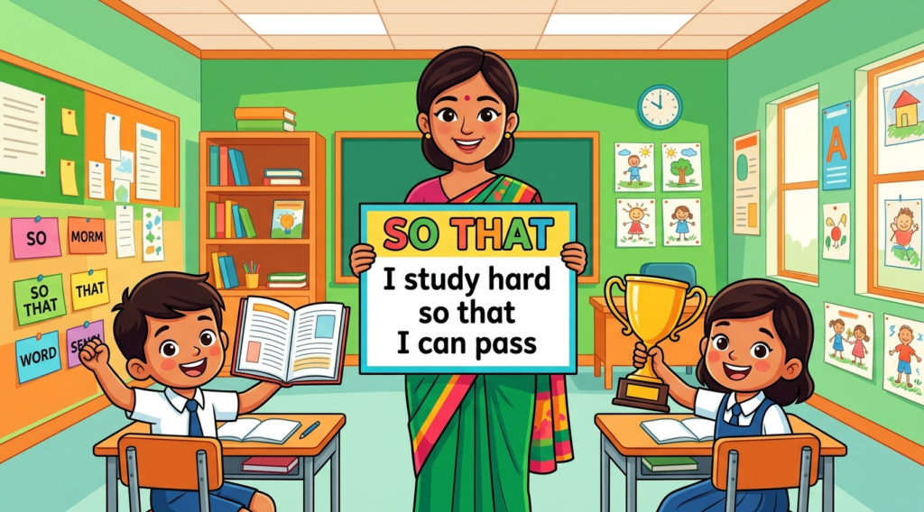 Kids learning "So That" with 100+ examples in English grammar with Bangla meanings and pronunciation in a colorful classroom illustration.