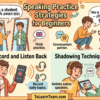 Speaking practice strategies for beginner English learners with Bangla meaning, methods like talking to yourself, thinking in English, shadowing, role play – Spoken English for Bengali learners.