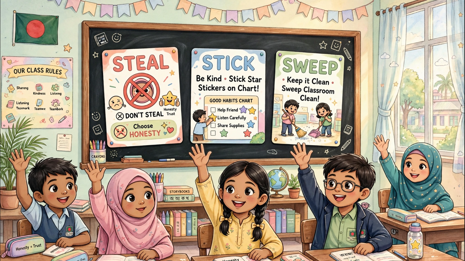 Steal Stick Sweep English class for kids Bangladesh honesty and cleanliness