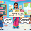 Kids learning Sub+Verb+That Clause with 100+ examples in English grammar with Bangla meanings and pronunciation in a colorful classroom illustration.