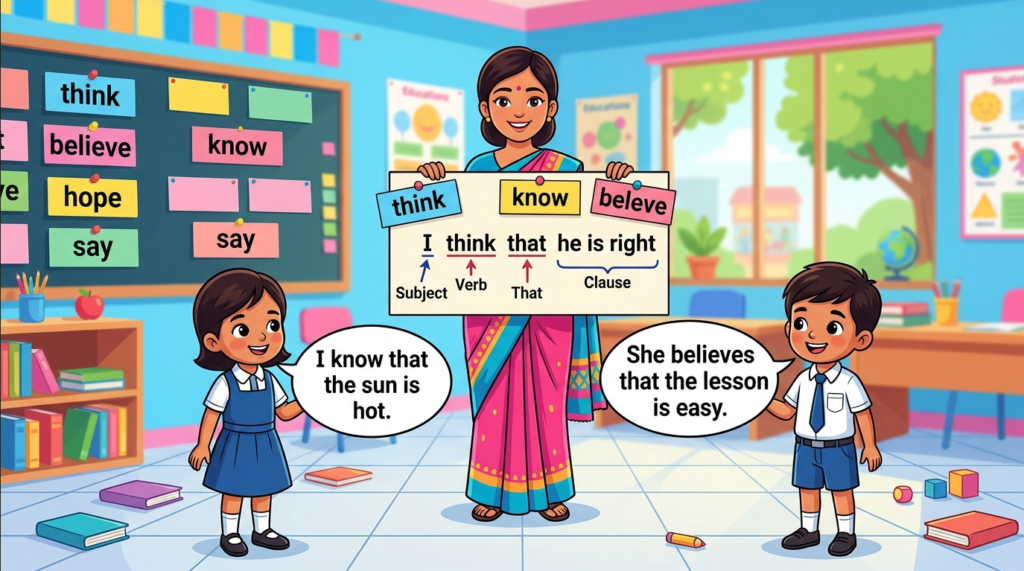 Kids learning Sub+Verb+That Clause with 100+ examples in English grammar with Bangla meanings and pronunciation in a colorful classroom illustration.