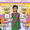 Kids learning Subject-Verb Agreements in English grammar with Bangla meanings and pronunciation in a colorful classroom illustration.