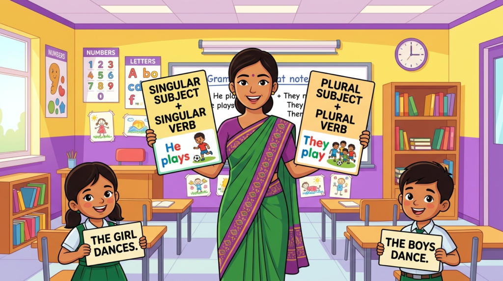 Kids learning Subject-Verb Agreements in English grammar with Bangla meanings and pronunciation in a colorful classroom illustration.