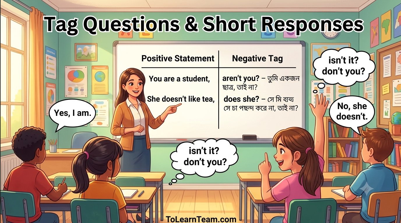 Tag questions and short responses English to Bangla grammar tutorial with examples for Bengali learners – Spoken English lecture.