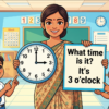 Kids learning Telling Time Questions and Answer with 100+ examples in English grammar with Bangla meanings and pronunciation in a colorful classroom illustration.