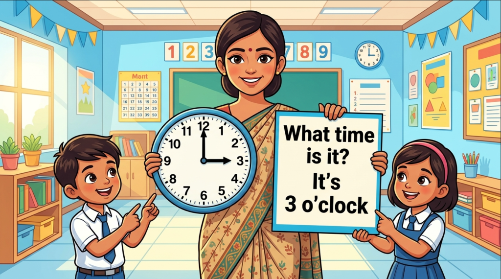 Kids learning Telling Time Questions and Answer with 100+ examples in English grammar with Bangla meanings and pronunciation in a colorful classroom illustration.