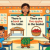 Kids learning There is/are with 100+ examples in English grammar with Bangla meanings and pronunciation in a colorful classroom illustration.