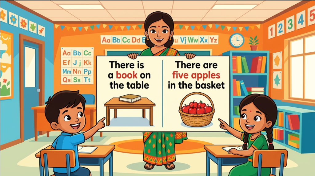 Kids learning There is/are with 100+ examples in English grammar with Bangla meanings and pronunciation in a colorful classroom illustration.
