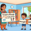 Kids learning Use of Though and Although for contrast with 100+ examples in English grammar with Bangla meanings and pronunciation in a colorful classroom illustration.