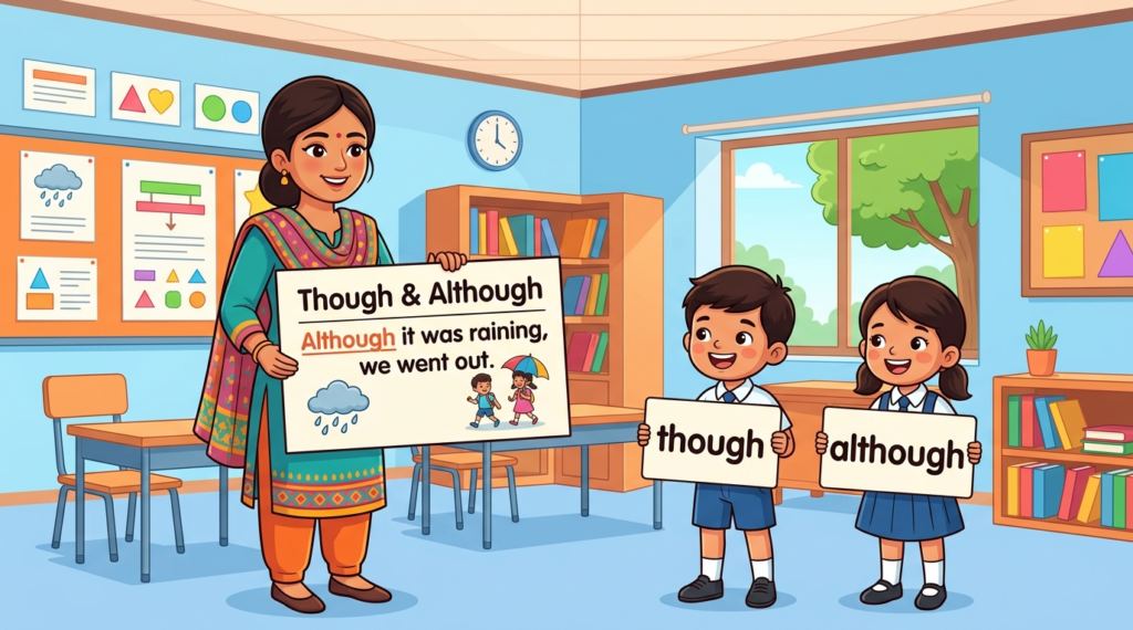 Kids learning Use of Though and Although for contrast with 100+ examples in English grammar with Bangla meanings and pronunciation in a colorful classroom illustration.