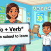 Kids learning To (Showing Purpose) with 100+ examples in English grammar with Bangla meanings and pronunciation in a colorful classroom illustration.