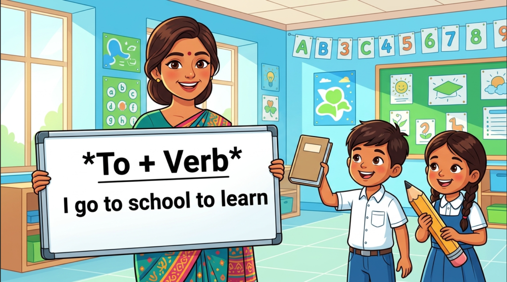 Kids learning To (Showing Purpose) with 100+ examples in English grammar with Bangla meanings and pronunciation in a colorful classroom illustration.