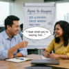 Two colleagues smiling and discussing at a meeting table, one speech bubble showing I hear what you're saying, but..., and a flipchart with Agree to disagree written.