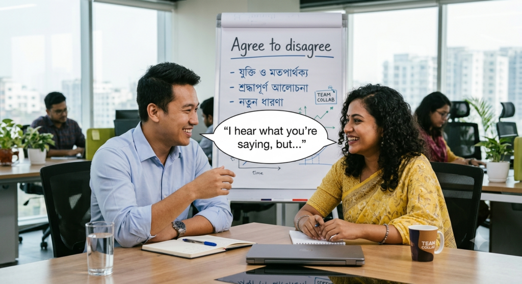 Two colleagues smiling and discussing at a meeting table, one speech bubble showing I hear what you're saying, but..., and a flipchart with Agree to disagree written.