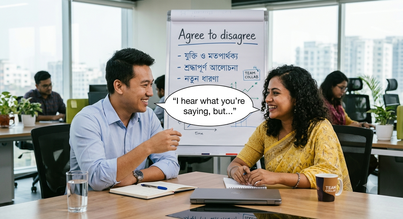 Two colleagues smiling and discussing at a meeting table, one speech bubble showing I hear what you're saying, but..., and a flipchart with Agree to disagree written.