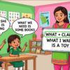 Kids learning Use of Relative Pronoun What with 100+ examples in English grammar with Bangla meanings and pronunciation in a colorful classroom illustration.