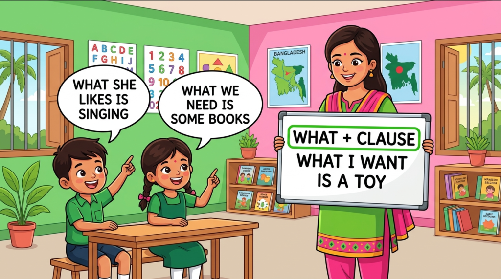 Kids learning Use of Relative Pronoun What with 100+ examples in English grammar with Bangla meanings and pronunciation in a colorful classroom illustration.