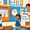 Kids learning Use of Relative Pronoun When with 100+ examples in English grammar with Bangla meanings and pronunciation in a colorful classroom illustration.