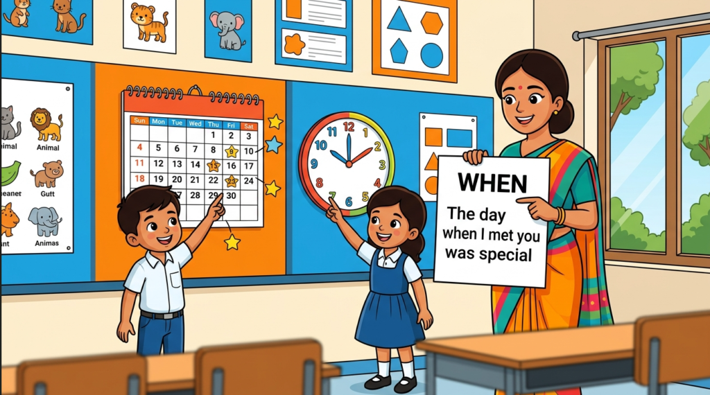 Kids learning Use of Relative Pronoun When with 100+ examples in English grammar with Bangla meanings and pronunciation in a colorful classroom illustration.