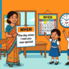 Kids learning Use of Relative Pronoun When with 100+ examples in English grammar with Bangla meanings and pronunciation in a colorful classroom illustration.