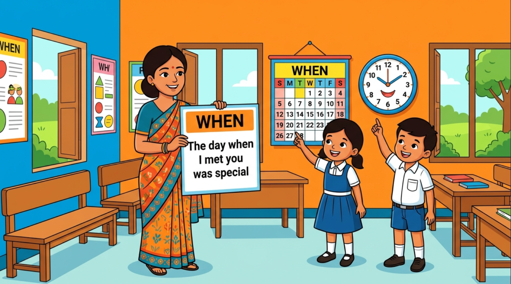 Kids learning Use of Relative Pronoun When with 100+ examples in English grammar with Bangla meanings and pronunciation in a colorful classroom illustration.