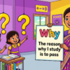Kids learning Use of Relative Pronoun Why with 100+ examples in English grammar with Bangla meanings and pronunciation in a colorful classroom illustration.