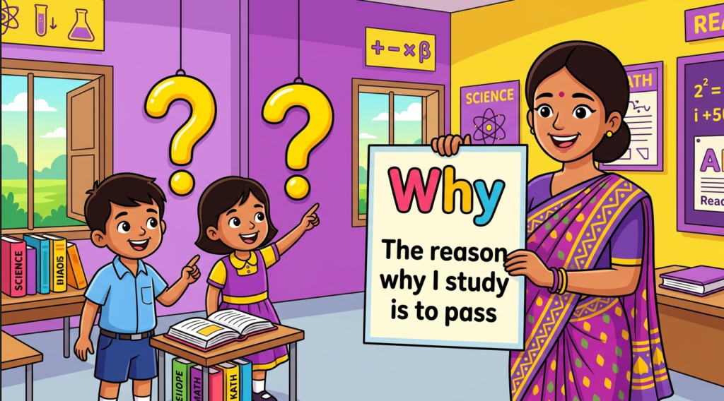 Kids learning Use of Relative Pronoun Why with 100+ examples in English grammar with Bangla meanings and pronunciation in a colorful classroom illustration.