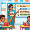 Kids learning Use of The in English grammar with Bangla meanings and pronunciation in a colorful classroom illustration.