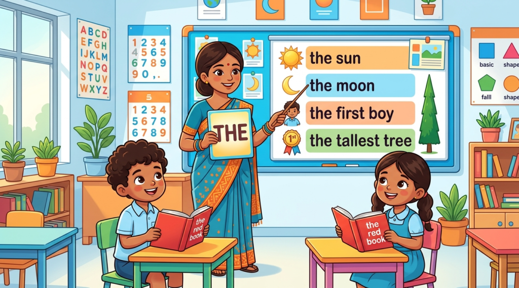 Kids learning Use of The in English grammar with Bangla meanings and pronunciation in a colorful classroom illustration.