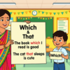 Kids learning Use of Relative Pronoun Which & That with 100+ examples in English grammar with Bangla meanings and pronunciation in a colorful classroom illustration.