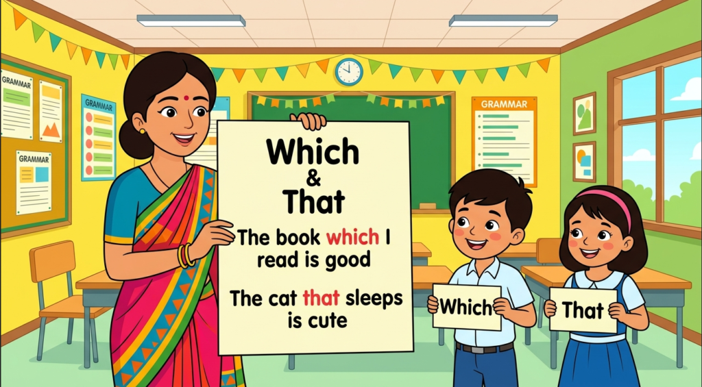 Kids learning Use of Relative Pronoun Which & That with 100+ examples in English grammar with Bangla meanings and pronunciation in a colorful classroom illustration.
