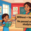 Kids learning Without + Gerund with 100+ examples in English grammar with Bangla meanings and pronunciation in a colorful classroom illustration.