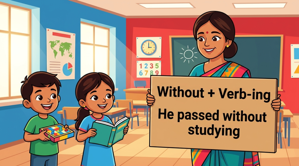 Kids learning Without + Gerund with 100+ examples in English grammar with Bangla meanings and pronunciation in a colorful classroom illustration.