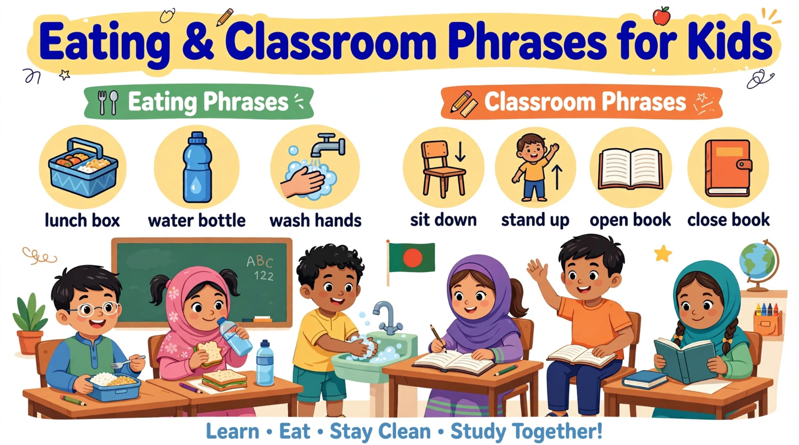 classroom phrases for kids with Bengali meaning, wash hands sit down stand up meaning in Bangla, open book close book sentences