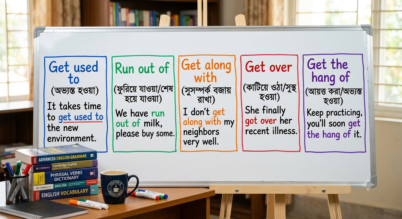 five essential phrasal verbs bengali examples get used to run out of get along with get over get the hang of